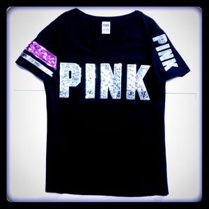 🌷VS Pink Sequin Logo V-Neck T-shirt